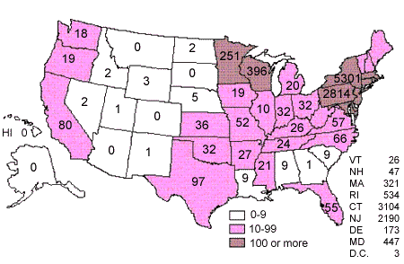 map.gif (25690 bytes). Number of reported cases of Lyme disease, by state, 